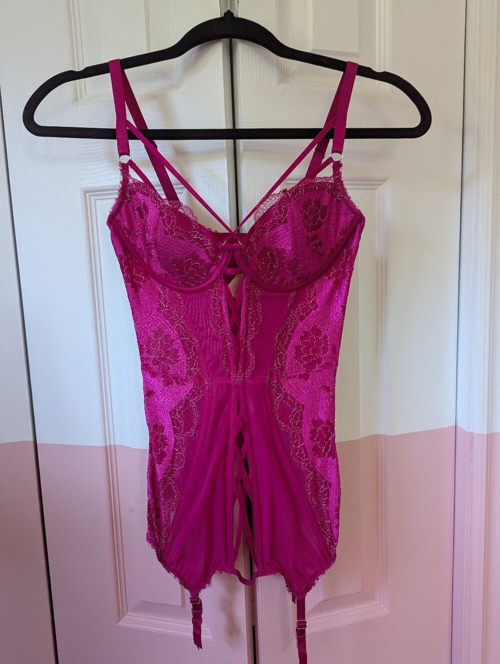 Victoria Secret Fuchsia Lace Bustier Chemise with Strappy Detail
